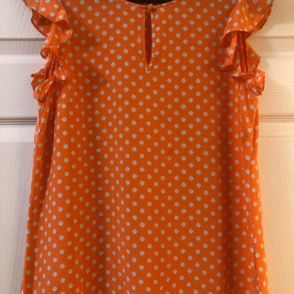 J Crew Womens 8 Medium Fall Orange Top Flutter Sleeve Keyhole Pattern Top Blouse